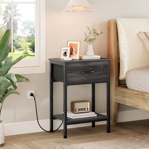 Vagusicc Nightstand Set of 2 with Charging Station, Bed Side Table with Fabric Drawer, Small End Table with 2-Tier Open Shelves, 25.4" Tall Night Stand Bedside Table for Bedroom Living Room, Black Oak - color: Black Oak (2 Pack)