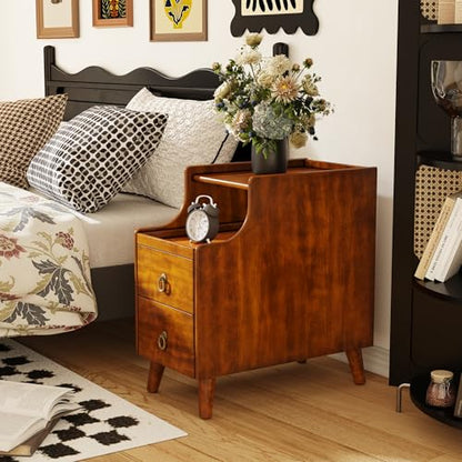 Narrow End Side Table with 2 Drawers and Pull-Out Tray, No-Tools Assembly Sofa Beside Table for Living Room, Slim Side Table with Solid Wood Legs, 11.8”W x 21.6”L x 22.9”H Caramel Brown BG-A1359-MG - style: 1*End Table with 2 Drawers