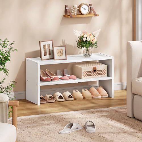 Hoctieon 2-Tier Expandable Shoe Shelf, Adjustable Shoe Shelf Storage Organizer, Stackable Iron Wood Combination Free Standing Shoe Rack for Entryway, Closet, Doorway, White - size: 1 Pack(2-Tier)