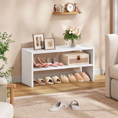 Hoctieon 2-Tier Expandable Shoe Shelf, Adjustable Shoe Shelf Storage Organizer, Stackable Iron Wood Combination Free Standing Shoe Rack for Entryway, Closet, Doorway, White - size: 1 Pack(2-Tier)