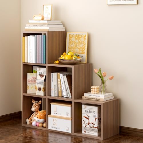 Ladder Cube Storage Bookcase, 6-Cube Corner Shelf, Walnut | Wooden L-Shaped, Reversible 3-Tier Organizer, Fits 11×11" Bins, For Home & Office - color: Walnut, size: 6-Cube