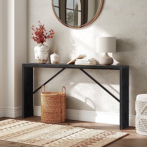 MAHANCRIS Console Table, 62.2" Long Sofa Table Behind Couch, Narrow Entryway Table, Farmhouse Dining Table with Angled Metal Frame, Industrial Console Table for Entryway, Black CTHB15801 - color: Black, size: 62.2"L x 9.1"W x 31.5"H