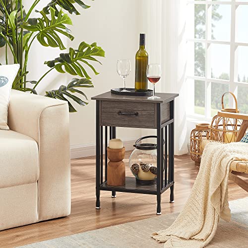 VECELO Nightstands, Industrial Side/End Tables with Drawer and Storage Shelf, Night Stands for Bedroom, Living Room, Wood Metal Furniture, Easy Assembly, 1 Pack, Grey