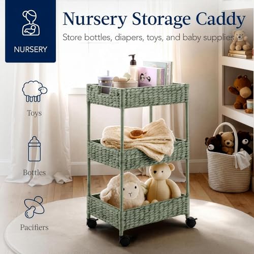 Best Choice Products 3-Tier Water Hyacinth Rolling Nursery Caddy w/Wheels, Utility Cart, Storage Organization for Bathroom, Craft Room, Laundry Room - Sage - color: Sage
