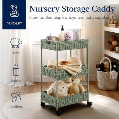 Best Choice Products 3-Tier Water Hyacinth Rolling Nursery Caddy w/Wheels, Utility Cart, Storage Organization for Bathroom, Craft Room, Laundry Room - Sage - color: Sage