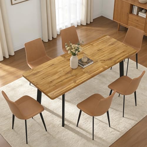 Extendable Dining Table Set for 6 to 8 People, 63" to 78.7" Modern Kitchen Table Set with 6 Leather Chairs, MDF Dining Room Table and Chairs with Removable Extension Leaf (Walnut Table+Brown Chairs) - color: 63'' - 78.7'' Walnut Table+6 Brown Chairs