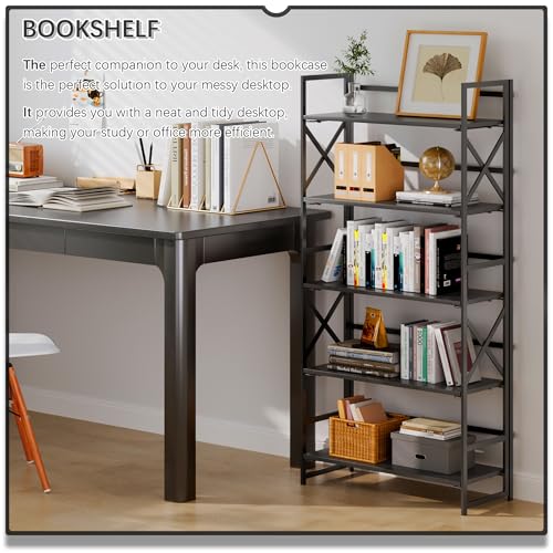 4NM 5 Tiers No Assembly Book Shelves, 51.2" H Folding Bookshelf Bookcase Open Industrial Foldable Shelves for Bedroom, Living Room, Home Office - All Black - color: All Black, size: XX 5-Tier