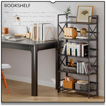 4NM 5 Tiers No Assembly Book Shelves, 51.2" H Folding Bookshelf Bookcase Open Industrial Foldable Shelves for Bedroom, Living Room, Home Office - All Black - color: All Black, size: XX 5-Tier