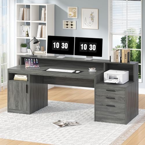 YOMILUVE Executive Computer Desk with 3 Drawers & Storage Shelves, 65 Inch Home Office Desk with File Drawer & Cabinet, Writing Study Desks with Monitor Stand & Printer Shelf, Dark Grey - color: Dark Gray