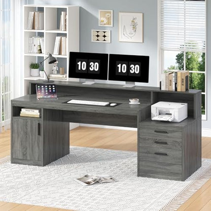YOMILUVE Executive Computer Desk with 3 Drawers & Storage Shelves, 65 Inch Home Office Desk with File Drawer & Cabinet, Writing Study Desks with Monitor Stand & Printer Shelf, Dark Grey - color: Dark Gray