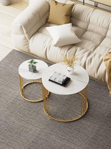 Nesting Coffee Table Set of 2, Round Table, Morden End Side Table Night Stand for Bedroom Dining Room (Marble White) - color: White