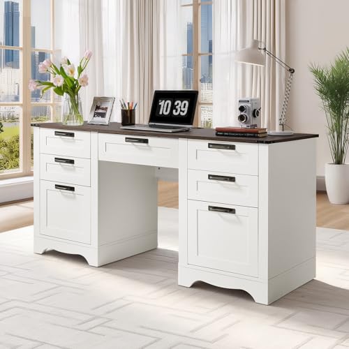 VEVOR 60" Executive Desk with Drawers, Farmhouse Home Office Desk with Charge Station, Keyboard Tray, File Storage Cabinet, 200 LBS Load Capacity Wood Table, Easy Assembly, for Work Study, Walnut - color: White