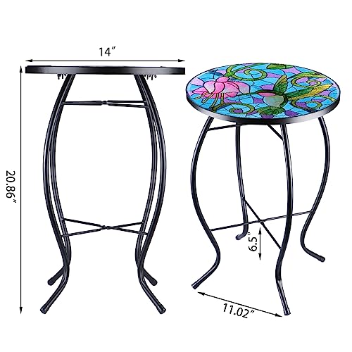 VCUTEKA Mosaic Patio Side Table Outdoor Accent Table Bistro Coffee Table Plant End Table Small Porch Table Indoor Round Glass Balcony Hummingbird Plant Table Stands - color: Hummingbird