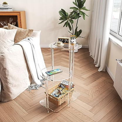Eglaf Acrylic Round Side Table, 3-Tier Step End Table, Bedside Table | Clear Nightstand Small Accent Entryway Table, for Living Room, Bedroom, Hallway, 16.7'' L x 11.8'' W x 23.5'' H