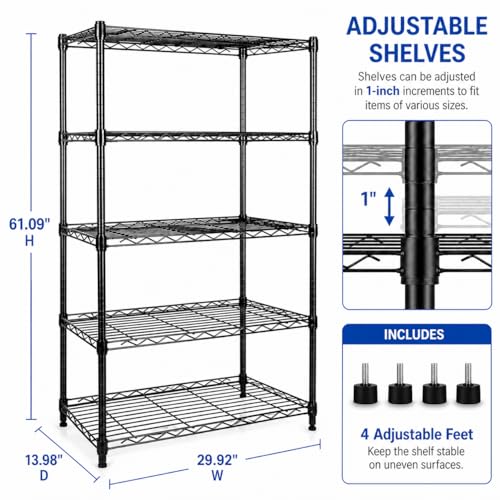 Simple Deluxe 5-Tier Heavy Duty Storage Shelving Unit, 1250 Lbs Loading Capacity, 29.92" W x 13.98" D x 61.02" H, Black - size: 5-Tier, 29.92"W x 13.98"D x 61.02"H