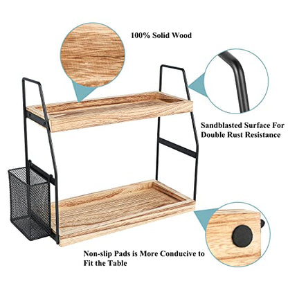 Bathroom Counter Organizer, 2-Tier Standing Storage Shelf with Basket, Wood Tray for Skincare Vanity Organizer - style: 2 Tier Brown