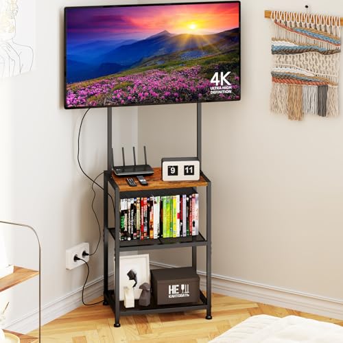 14 Inch to 42 Inch Small Corner TV Stand for Bedroom With 3 Tiers Storage Shelves, Floor Universal Television Stand With Mount For 40 Inch 32 Inch TV,Brown TV Table Shelf With Adjustable Feet, Sturdy - size: 11.8"*16.9"*48" (Rectangular)