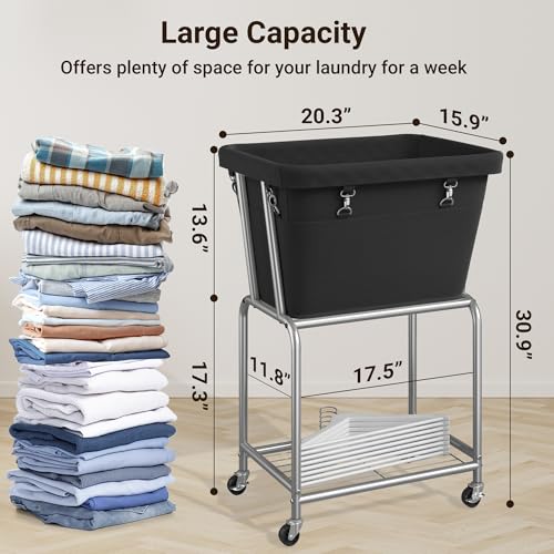 ELYKEN Rolling Laundry Hamper with Wheels, Removable Bag, Laundry Cart | Heavy Duty Metal Frame, 2-Tier Clothes Basket with Shelf, Ideal for Closet, Bedroom, Bathroom & Laundry Room - color: Black, size: 20.3"L x 15.9"W x 30.9"H