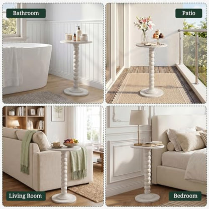 Round Side Table for Small Spaces, Modern Pedestal End Table with Solid Wood Spindle Leg, Small Drink Table Accent Nightstand for Living Room, Bedroom, Sofa Side, Apartment & Office, White - color: White