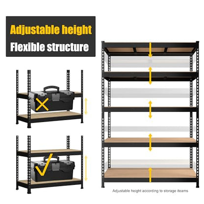 PrimeZone 48" W x 18" D x 72" H Garage Shelving Heavy Duty - Adjustable Metal Storage Shelves, 5 Tier Industrial Shelving Unit, Utility Shelf Rack for Basement, Warehouse, Pantry, Closet, Black - size: 48" W x 18" D x 72" H
