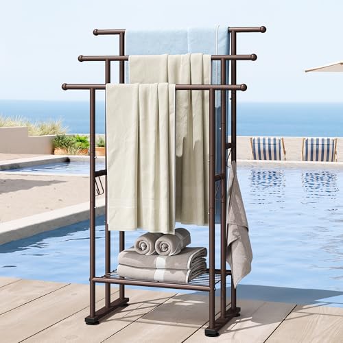 ELYKEN 3 Tier Standing Towel Rack, 40'' Tall Towel Drying Rack Outdoor, Freestanding Floor Towel Rack with Shelf, Pool Towel Blanket Stand, Metal Towel Racks for Bathroom freestanding, Bronze - color: Bronze