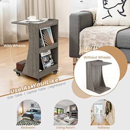 Tangkula C-Shaped End Table, Small Sofa/Couch Side Table Snack Table with 3-Tier Back Compartment, Wheels with Brakes, Modern Rolling Nightstand for Living Room, Bedroom, Small Space (1, Grey)
