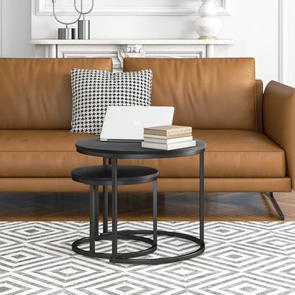 HOJINLINERO Round Nesting Coffee Table Set of 2,Small Black Coffee Table | Center Table for Living Room,Small Apartment,Small Space,Stacking Side Tables,Wood Tabletop,Sturdy and Easy to Assemble - color: Black, size: Small