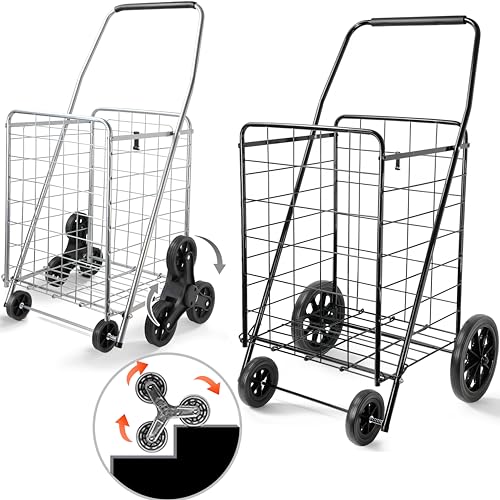 Wellmax 2-Pack Shopping Utility Cart with Stair Climber, Collapsible Folding Cart for Grocery, X-Large and Large (Black and Silver) - size: Large-Medium