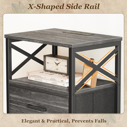Huuger Nightstands Set of 2, Night Stand with Charger Station, 2 Drawer Side Table with Open Shelf, USB-C Port, End Table for Small Spaces, X Shaped Side Rail, Charcoal Black - color: Charcoal Black Wood Grain Print