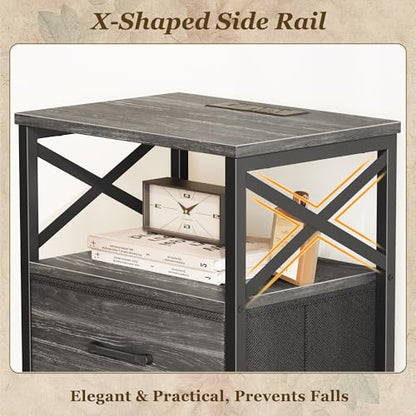Huuger Nightstands Set of 2, Night Stand with Charger Station, 2 Drawer Side Table with Open Shelf, USB-C Port, End Table for Small Spaces, X Shaped Side Rail, Charcoal Black - color: Charcoal Black Wood Grain Print