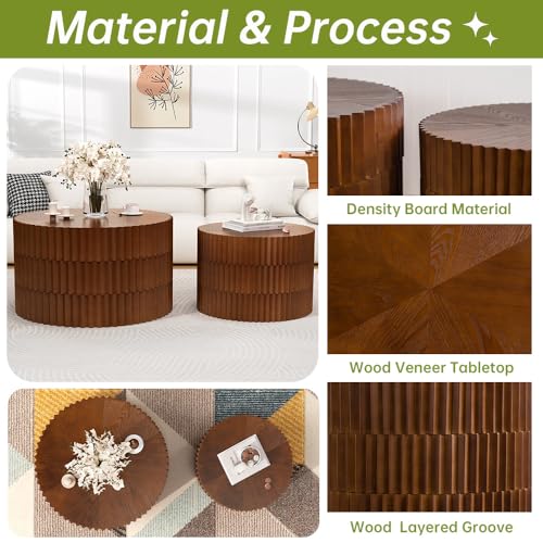 Round Nesting Coffee Table Set of 2 Modern Fluted Coffee Table Walnut Round End Table Small Side Table Circular Coffee Tables Circle Nested Coffee Tables for Living Room (Brown Large) - color: Brown Large