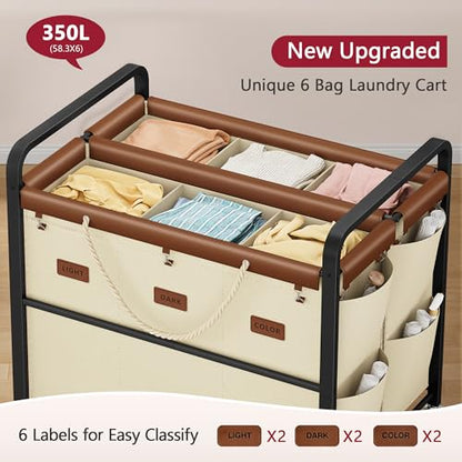 350L Extra Large Laundry Cart, Laundry Hamper 6 Section, Beige | Large Capacity, Heavy Duty Lockable Wheels, Sturdy Metal Frame, Leather Patchwork, Removable Bags - color: Beige, size: 6 Bag 350L