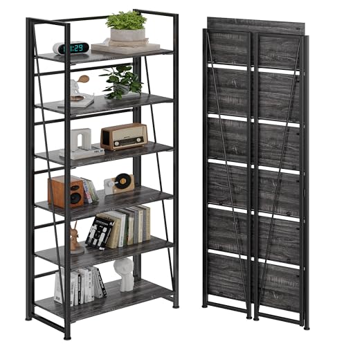 BHG Vintage Multifunctional Folding Bookshelf, No-Assembly Plant Stand Storage Rack Shelves for Home Office - color: Grey, size: 6-tier