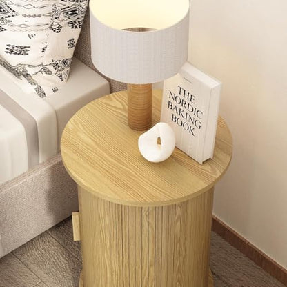 Wnutrees Round Fluted End Table, Small Accent Pedestal Side Table, Natural | Wood Nightstand with Sliding Door & 2 Tier Shelf, Bedside Unit for Living Room, Bedroom - color: Natural