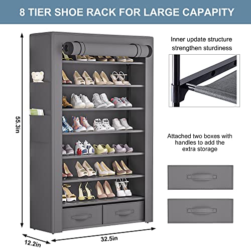 OYREL Shoe Rack Sturdy 8 Tier Tall + Dustproof Cover Large Storage | Closet Cabinet Large Free Standing Shoe Racks Vertical Shoe Shelf Tall Vertical Boot Holder Stand - color: Grey, size: 33.3"Wx55"H