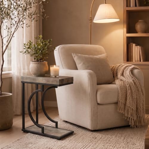 Tribesigns C Shaped Modern End Table for Coach with Metal Frame | Wood Grain, Small Side Table for Living Room, Nightstand for Bedroom, Gray&Black - color: Gray&black