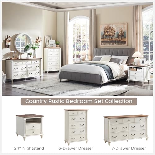 T4TREAM 24" Farmhouse Nightstands with 2 Drawers, Antique White | 4 Solid Wood Feet, Charging Station, Tall Rustic Wood Square, Sofa Side Table, Living Room, Bedroom - color: Antique White