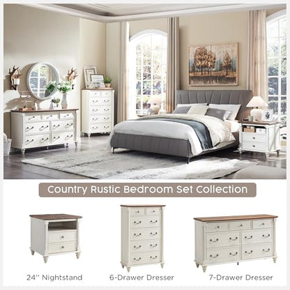 T4TREAM 24" Farmhouse Nightstands with 2 Drawers, Antique White | 4 Solid Wood Feet, Charging Station, Tall Rustic Wood Square, Sofa Side Table, Living Room, Bedroom - color: Antique White