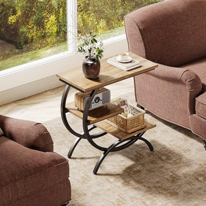 Tribesigns C-Shaped End Table Set of 2, Industrial 3-Tier Small Side Table for Couch, Wood Bedside Table Snack Side Table with Storage Shelves for Living Room Small Space, Light Brown - color: Light Brown