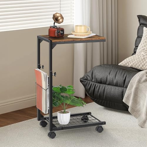 C Shaped Side Table Small End Table with Wheels Slide Under Couch Table for Sofa C Table with Metal Frame Adjustable Height Sofa Table for Living Room Bedroom Small Space, Rustic Brown - color: Rustic Brown