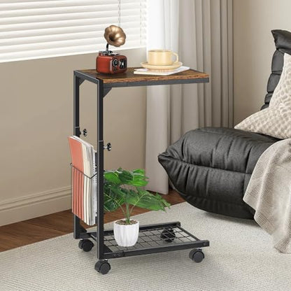 C Shaped Side Table Small End Table with Wheels Slide Under Couch Table for Sofa C Table with Metal Frame Adjustable Height Sofa Table for Living Room Bedroom Small Space, Rustic Brown - color: Rustic Brown