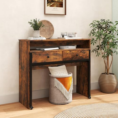 Giantex Small Computer Desk with Hutch & Drawers, Extendable Writing Desk w/Pull Out Secondary Table, Monitor Stand & Rolling Wheels, Console Table, Compact Desk for Small Spaces (Rustic Brown) - color: Rustic Brown