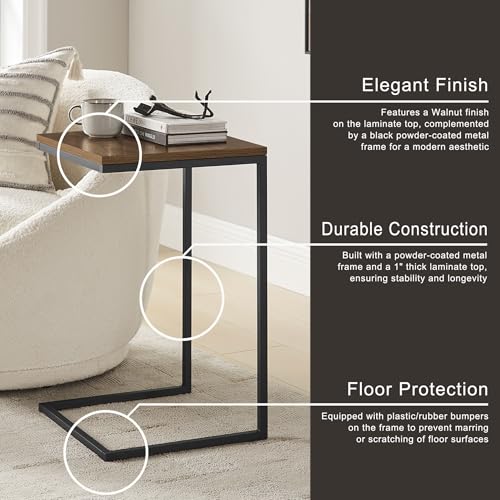 C-Shaped Couch Table, Walnut Finish | Movable Side End Table, Sturdy Metal Frame, Narrow Laptop Stand Desk & TV Tray, For Living Room - color: Walnut