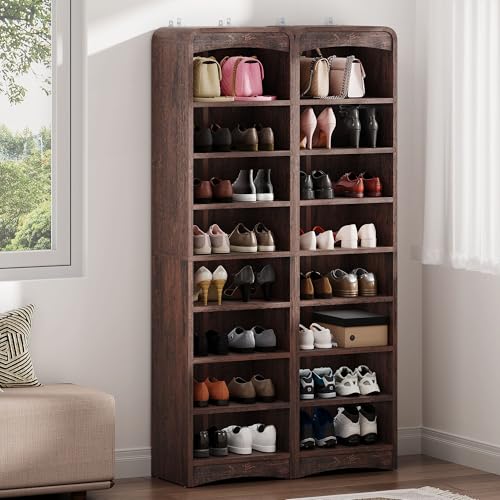 Tall Shoe Cabinet 8-Tier with Adjustable Shelves, Espresso | Freestanding Shoes Organizer Cabinet for Entryway, Hallway, Living Room - color: Espresso
