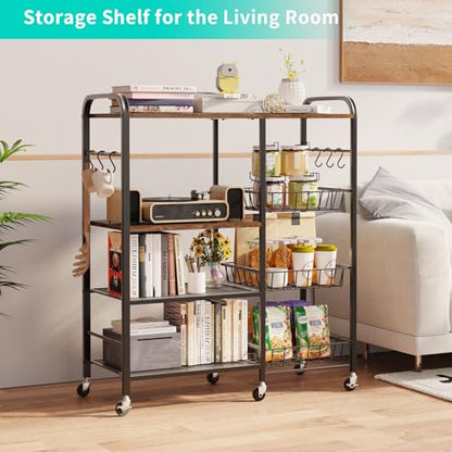 HapiRm Rolling Kitchen Microwave Cart - 4 Tier Microwave Table Stand with Pull-Out Baskets, Coffee Bar Baker's Rack with Wheels Rolling Storage Cart Organizer Shelf for Living Room Office, Balcony - color: Brown