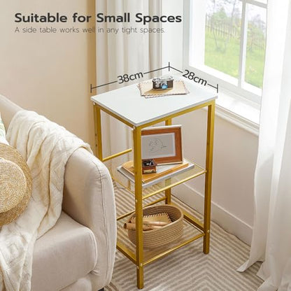 HOOBRO Tall Side Table, 3-Tier Telephone End Table with Adjustable Mesh Shelves, Small Entryway Table with Storage, Small Nightstand for Living Room, Bedroom, Hallway, White and Gold DW01DH01G1 - color: White + Gold