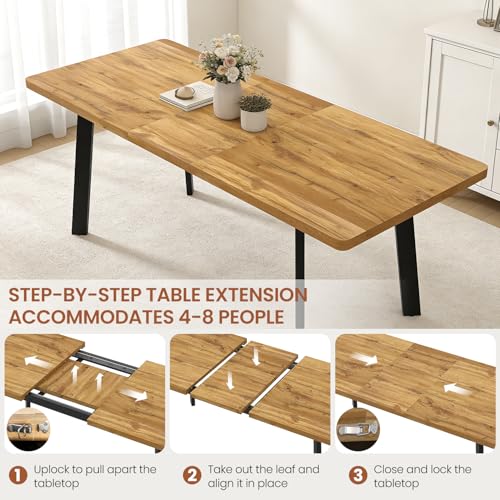 Extendable Dining Table Set for 6 to 8 People, 63" to 78.7" Modern Kitchen Table Set with 6 Leather Chairs, MDF Dining Room Table and Chairs with Removable Extension Leaf (Walnut Table+Brown Chairs) - color: 63'' - 78.7'' Walnut Table+6 Brown Chairs