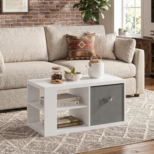 3-Tier Modern Coffee Table with 1.2 Thick Tabletop, Side Table with Open Shelf and Storage Bin, Coffee Table, for Bedroom, Living Room, Home Office, White/Light Grey - color: White/Light Grey