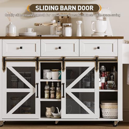 Kitchen Island with Storage, 55" Kitchen Cart with Charging Station, Rolling Kitchen Island Table with Drop-Leaf, 3 Drawers, Barn Doors, Towel Rack and Spice Rack, White and Walnut - color: White + Walnut