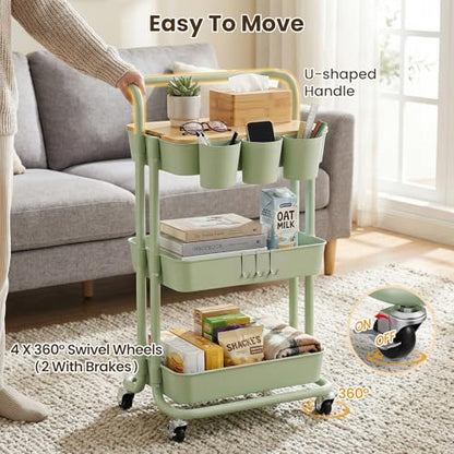 3 Tier Rolling Cart, Multifunctional Storage Cart with Table Top, Lockable Wheels, Heavy Duty Metal Frame Utility Cart for Kitchen, Bathroom, Office, Bedroom (Green) - color: Green